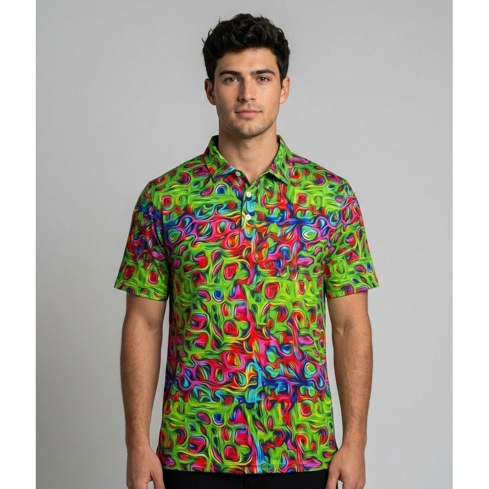 Obnoxious Golf Mens XL Polo Shirt Psychedelic Neon‎ Green Swirl Performance Golf